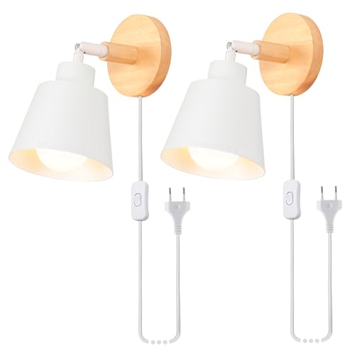 iDEGU 2 Piezas Apliques de Pared Interior con Interruptor y Enchufe, Moderna Lámpara de Pared en Madera y Metal Simple Iluminación E27 Ajustable Luz de Pared para Dormitorio Salón (Blanco)