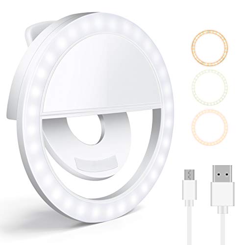 GIM Selfie Ring Light, Clip-on Selfie Fill Ring Light with 64 LED & 4 Light Modes Rechargeable Portable Circle Light for Live Stream/Makeup/YouTube Video/Vlogs, Compatible with iOS Android Phone