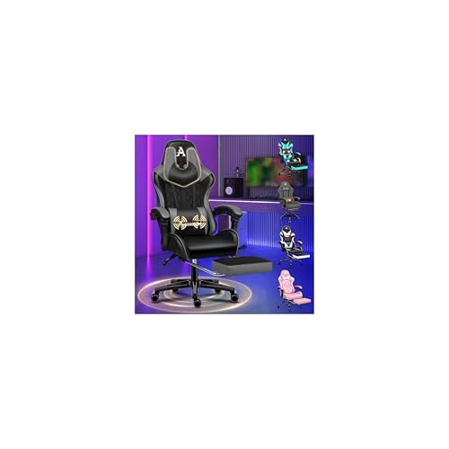 ALFORDSON Silla Gaming Ergonómica Reclinable con Masaje y Reposapiés Retráctil,Silla Gamer con Cojín Lumbar y Cervical,Altura Ajustable, para Ordenador,Oficina,Videojuego,Escritorio, Cuero PU(Gris)