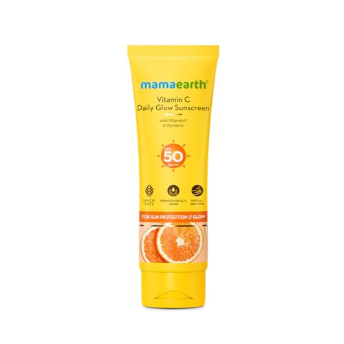 Image of Mamaearth Vitamin C Daily Glow Sunscreen with Vitamin C & Turmeric for Toxin free Sun Protection - 125g | SPF 50 & PA++++ | Vitamin C for Glow | Turmeric Detans | In-Vivo Tested | Natural Goodness | Quick Absorbing