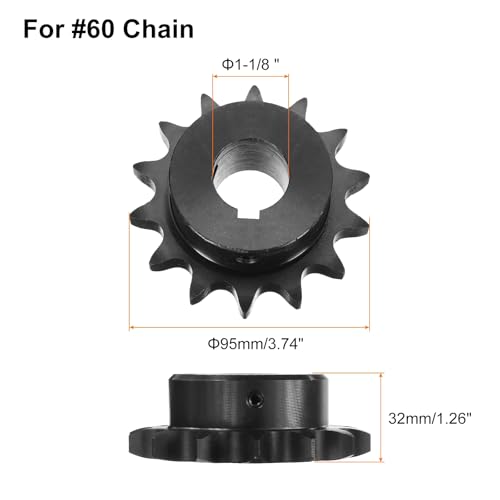 Image of uxcell #60 Chain Roller Sprocket B Type, 1-1 /8 inch Bore 14 Tooth Single Strand Chain Sprocket, Carbon Steel, Keyway with Set Screws
