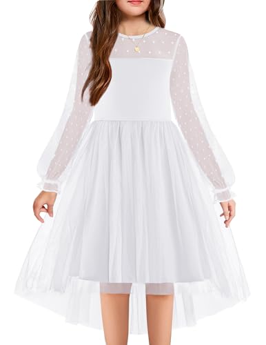 Arshiner Girls White Dress Long Sleeve Flower First Communion Winter High Low Tween Dresses Size 14-16