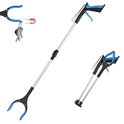 32" (83cm) Foldable Litter Picker,Extra Long Grabber Reacher Stick Tool, Lightweight Rubbish Pick Up,Strong Magnetic Grip, 360° Rotating 4" Wide Claw, Anti-Slip Jaw (BlueSilver, 32 inch)