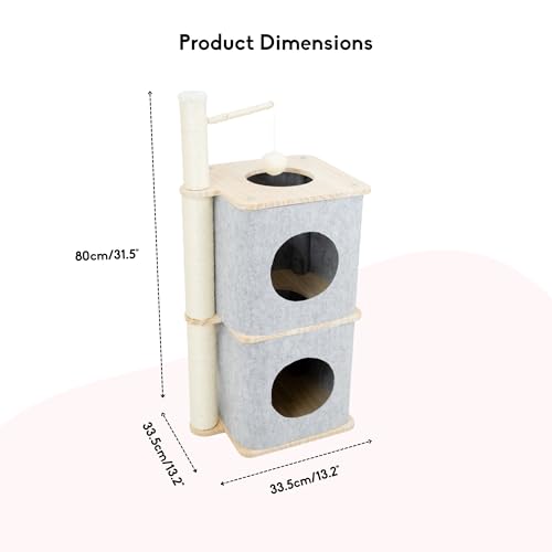 Image of Nara Cat Tower with Scratching Post - Dual-Level Cat House Condo with Felt Hideouts, Sisal Scratch Pole & Hanging Toy - Minimalist Cat Tree for Indoor Cats