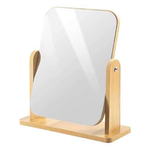 Bahan alamy Espejo de maquillaje de pie de madera con rotación de 360 grados, espejo de mesa de pie para tocador, baño, dormitorio (22 x 17 cm)