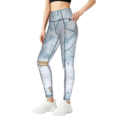 Leggings elásticos para gimnasio y uso diario con diseño invernal de aves y prácticos bolsillos