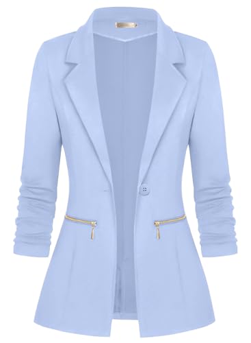 Genhoo Blue Blazer Jackets for Women Business Casual Long Sleeve Button Zipper Pockets Work Office Blazer Fashion Dressy Blazer Large