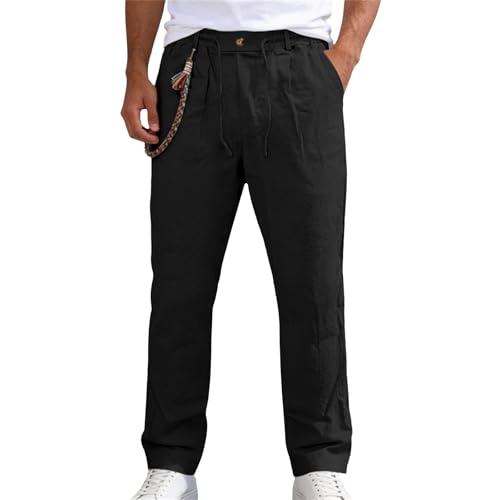 Pantalones de verano de algodón y lino para hombre, pantalones de pierna recta para hombre, pantalones de cintura elástica parcial con cordón elástico con acento de botón y cadena de cintura trenzada