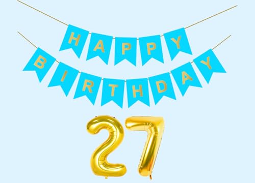Image of 27th Sky Blue Happy Birthday Decoration Kit for 27 year Old Boys Girls Women with Number Twenty-seven Party Decorations Decor Celebration Items Item Set Combo Reusable Paper Banner