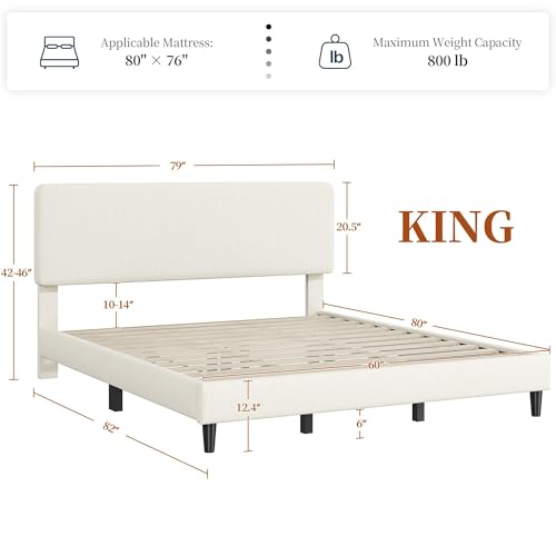 Image of Yaheetech King Bed Frames with Adjustable Headboard, Chenille Fabric Upholstered Headboard /Platform Bed, King Size Bed Frame No Box Spring Needed /Wood Slats Support /Easy Assembly /Beige