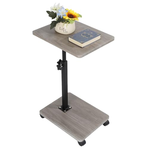 Shilanmei サイドテーブル 昇降式 360度回転 高さ調節可能 45?80cm コの字型 ベッド横 テーブル 木目調天板 小物置き ベッドサイド 移動便利 ナイトテーブル 一人暮らし 食卓 小型 組立簡単 グレー (A-キャスターあり)