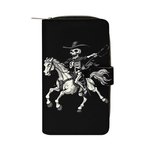 Skeleton Riding Horse Print Long Wallet PU Leather Credit Card Holder Durable Zippered Purse Clutch Wallet