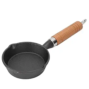 Small Frying Pan, 3.9inch Cast Iron Skillet with Wood Handle Mini Flat Bottomed Pancake Pan Egg Frying Pan for Kitchen Camping Picnic Restaurant Outdoor Cooking