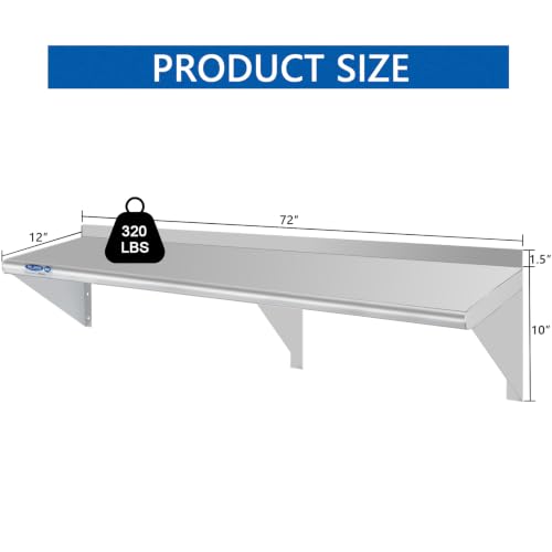 Image of HARDURA Stainless Steel Shelf 12 inch x 72 inch, 320lb Commercial Shelves Wall Mount Metal Shelving with Backsplash and Brackets for Kitchen, Restaurant, Laundry Room and Home