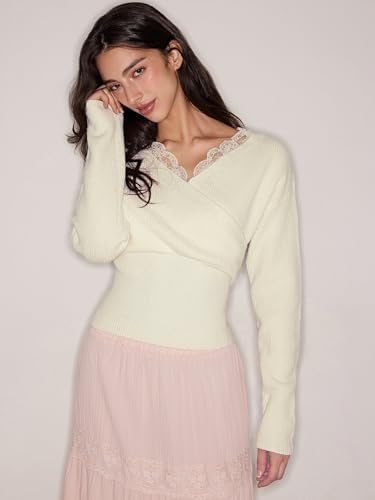 CIDER Wrap Sweater for Women V Neck Long Sleeve Knit Top Solid Lace Trim Pullover Oversized Sweaters4