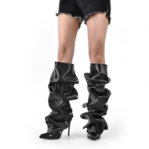 richealnini Women's Metallic Stiletto Heels Slouchy Knee High Boots with Zippers Detachable Boots Pointed Toe3
