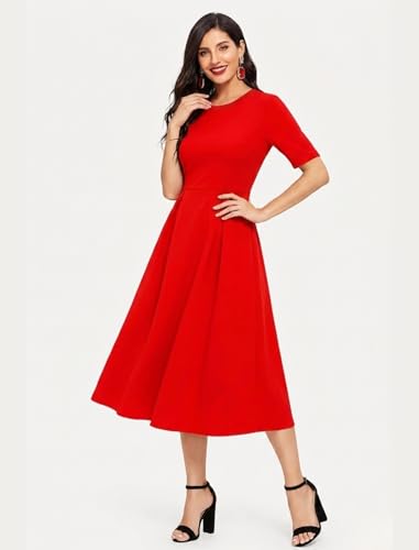 Image of LONDON BELLY Women's Poly Cotton Midi Dress with Round Neck 3 /4 Sleeves Solid Pattern Regular Fit and Calf Length | Women Midi Dress | Casual Party Summer for Womans