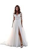 Zxruijing Women's Double V Neck Long Wedding Dresses for Bride 2025 Boho Tulle Appliques Vestidos de Novia para boda Civil Bridal Wedding Gowns for Women White Size 4