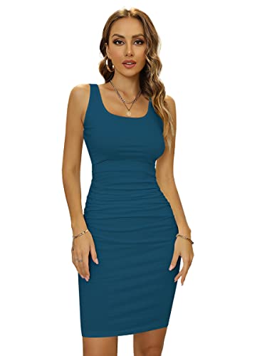 Missufe Damen Sommerkleid Bodycon Freizeitkleid Knielanges Bleistiftkleid Enges Figurbetontes Kleider (Ozeanblau, klein)