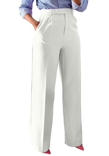 Unybwonn Pantalones de Vestir de Cintura Alta para Mujer, Rectos, Pierna Ancha, para Negocios, Trabajo, Oficina, Sueltos, Casuales, Blanco, Medium