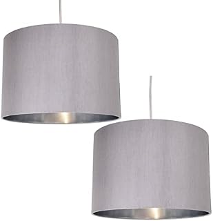 Pair of Modern Grey Faux Silk Ceiling Light Pendant Shade Metallic Silver Chrome