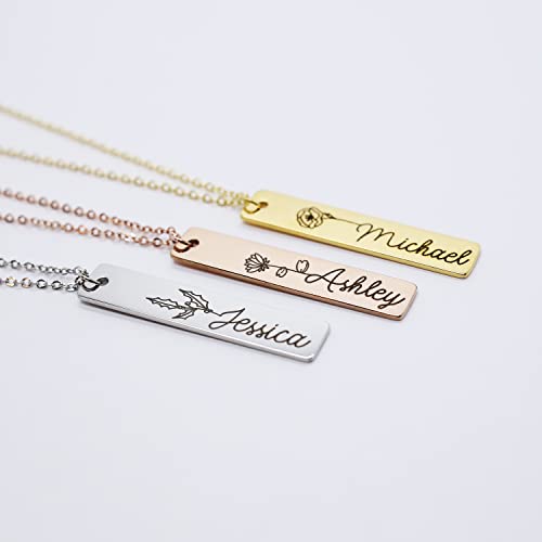 Personalized Flower Name Bar Pendant Necklace Custom Engraved Jewelry Gift for Her Couples Girlfriend Delicate Handcrafted Accessory Mother Daughter Ideal for Wedding Bridesmaid Gift Idea3