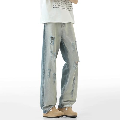 Men’s Baggy Patchwork Ripped Jeans Two-Tone Wide Leg Denim Pants with Distressed Front and Contrast Side Panels2