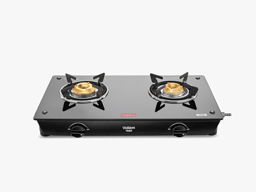 Image of Vidiem VEER 2 Burner Gas Stove with 7mm Toughened Glass Top | Medium & Small Brass Burners | Spill Proof Drip Trays | Heavy Duty Pan Supports | 5 Year Warranty | Manual Ignition