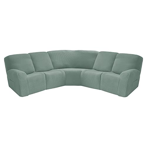 EURHOWING 7-Piece L Shape Sectional Recliner Sofa Covers 4 Seater & 1 Corner Seat,Stretch Jacquard Reclining Couch Cover Slipcover for Reclining L Shape 5 Seat Recliner Corner Sofa(Green,Jacquard)