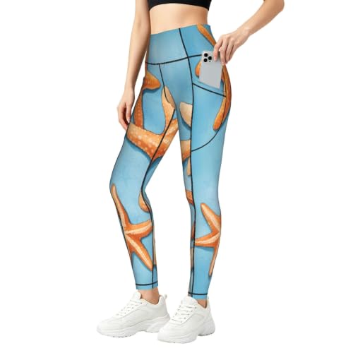 Pantalones de yoga para mujer con bolsillos y estampado azul de estrellas de mar