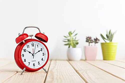 Image of Bernhard Products Analog Alarm Clock 4 inch Twin Bell Red Silent Non-Ticking Quartz Battery Operated Extra Loud with Backlight for Bedside Desk, Retro (Red)