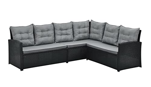 EVRE Monroe Black Outdoor 8 Seat Wicker Rattan Garden Furniture Dining Set Cushioned Classic Corner Sofa Chair Glass Top Table and Footrest for Patios Conservatories Rectangular - Image 8