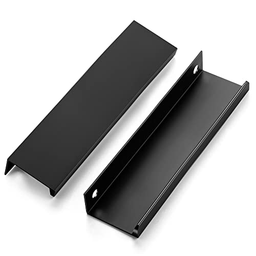 Image of 6 Pack Finger Pulls for Cabinets - 102mm /4in Hole Center Black Handles | 128mm /5 inch Overall Length, Edge Pulls, Concealed Tab Kitchen Drawers Pulls, Easy Install, Screws Included, Rust-Resistant
