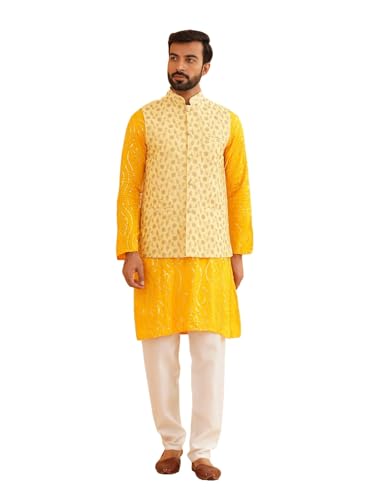 Sojanya (Since 1958 Men's Cotton Mustard Kurta With White Churidaar Pyjama & Yellow Nehru Jacket