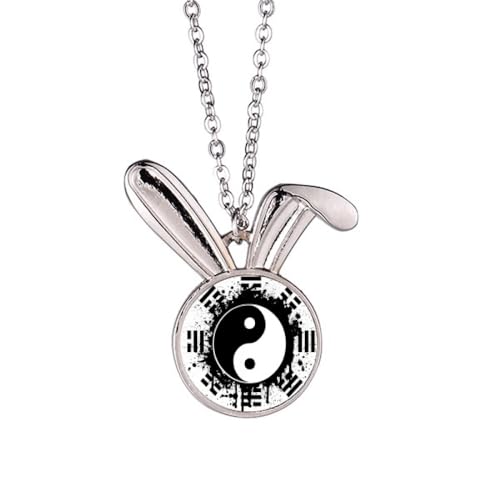 Collier avec pendentif lapin et motif Taiji Yin-Yang en acier inoxydable pour style asiatique