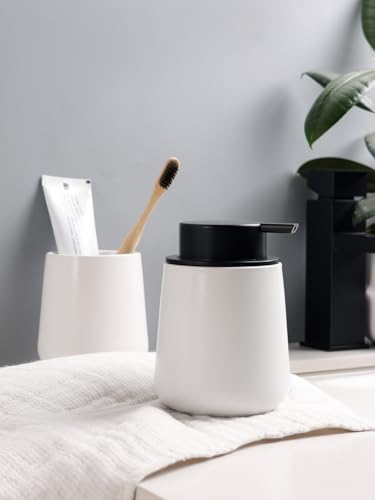 Image of Bosilunlife Soap and Toothbrush Holder Set - Ceramic Bathroom Accessories Set White Liquid Hand Soap Dispenser Set for Bathroom Toothbrush Holder and Soap Dispenser Set