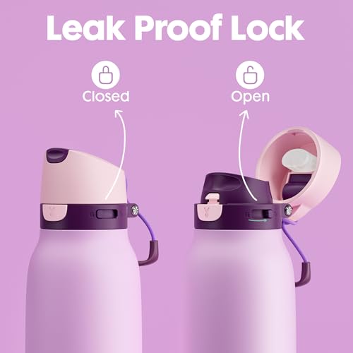Image of Meoky 24 oz Stainless Steel Slim Water Bottle: Leak Proof Locking Lid, 2-in-1 Straw and Spout, 24 Hours Cold, Top Handle, BPA Free, Insulated Water Bottle for Women Sports Travel Gym, Lavender