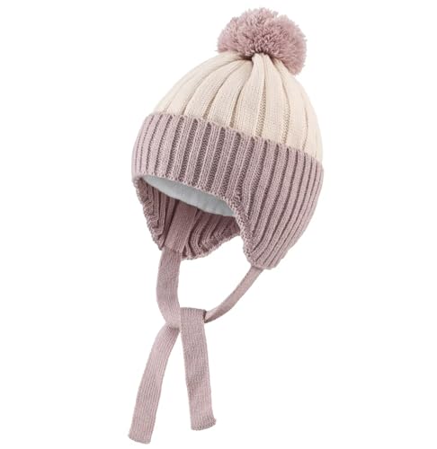 Connectyle Toddler Girls Pom Pom Beanie Hat with Ear Flaps Warm Caps Fleece Lined Knit Kids Winter Hat Beige+Purple S