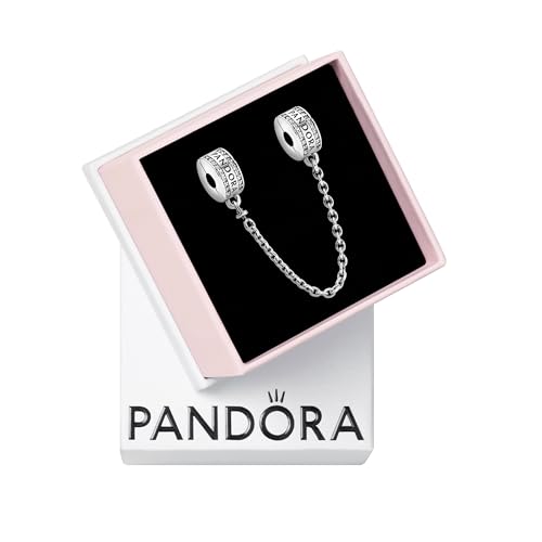 PANDORA Logo Safety Chain Clip Charm - Compatible Moments Bracelets - Jewelry for Women - Gift for Women in Your Life - Made with Sterling Silver & Cubic Zirconia, With Gift Box