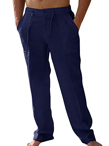 Image of PASLTER Mens Cotton Linen Pants Casual Summer Beach Pants Dress Trousers | Loose Fit, Elastic Drawstring Waist, Lightweight, Straight-Legs, Slacks, Yoga, Work, Vacation, Quick Dry