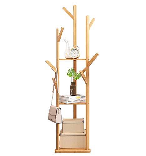 Perchero Perchero de bambú para Ropa de árbol, Perchero, Sombrero, Paraguas, Perchero portátil con estantes de Almacenamiento de 3 Niveles y 8 Ganchos, rieles para Ropa, Apto para Entrada, Esquina,