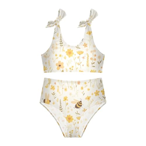 Vintage Embroidery Honey Bee with Wild Flowers Girls' Two Piece Kids Bikini Set Beach Swimsuit Swimming Suits Adjustable3