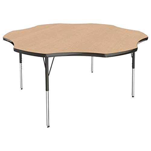 Image of FDP Flower Activity School and Office Table (60 inch), Standard Legs with Swivel Glides for Collaborative Seating Environments, Adjustable Height 19-30 inches - Maple Top and Black Edge