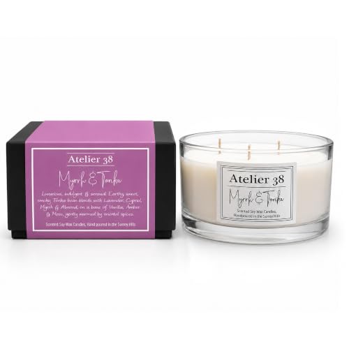 Image of Atelier 38 Myrrh & Tonka 3 Wick Scented Candle 400g - Luxury Soy Candle, Up to 40 Hour Burn Time, Large Candle Home Fragrance, Long Burning Candle, Housewarming Gift, Made in Surrey Hills