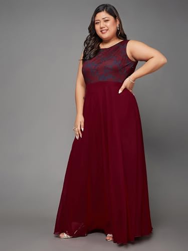 Image of Miss Chase A+ Women's Round Neck Sleeveless Georgette Floral Lace Fit & Flare Maxi Dress