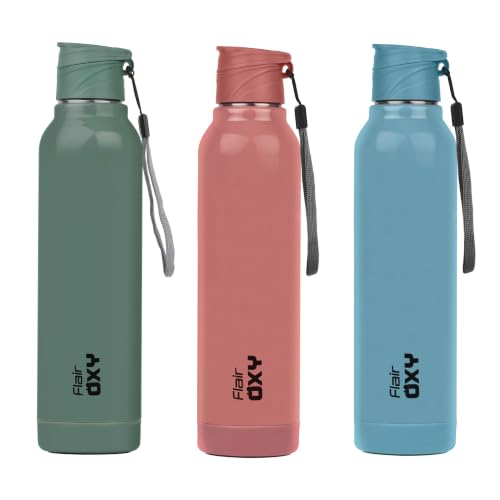 Image of FLAIR Oxy 900 Stainless Steel Water Bottle Set of 3 (650 ml Each), Assorted, Hot & Cold, Leakproof, BPA-Free, ISI Certified, Stainless Steel Bottle for Office, Gym, Travel, Trekking & Outdoor Sports