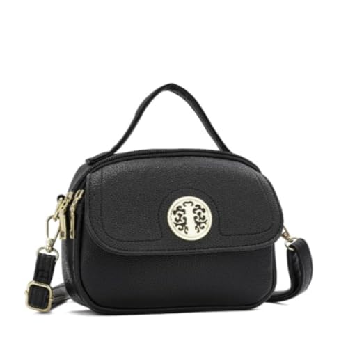 Bolsa Feminina Transversal de Mão em Couro Sintético, Marrom, Alça Ajustável, Estilo Contemporâneo, 2 Bolsos, Fecho com Zíper, Pequena (PRETO)