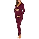 Mxssi Damen Stillpyjama Zweiteilige Stillschlafanzug Langarm Slim Fit Nachtwäsche Multifunktional Umstandsschlafanzug Herbst und Winter Stillzeit Stillfunktion