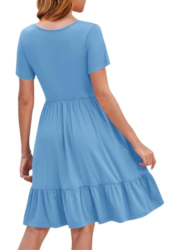 YOVION Girls Summer Dress Square Neck Short Sleeve Casual Loose Ruffle Tiered Dresses with Pockets for 6-12 Y4