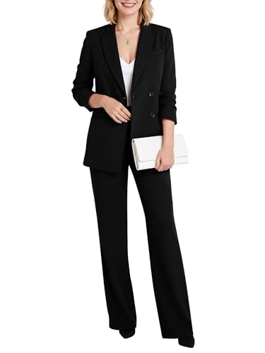 YILOTE Women's Two Piece Sets Pants Suits Dressy Business Casual Outfits Pantsuits Set Work Office Blazer and Wide Leg Black